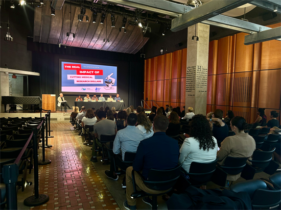 Rep. Peters' staff shares a photo of the audience at an event discussing medical research funding in San Diego