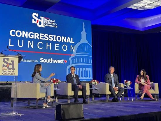 Rep. Peters on stage with Reps. Levin and Jacobs at the Congressional Chamber Lunch
