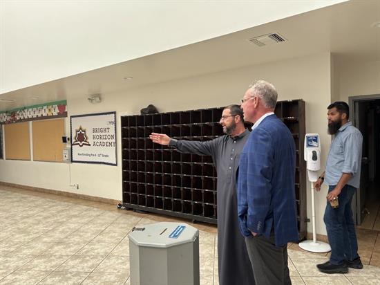 Imam Taha walks Rep. Peters through the shooting incident events at the Islamic Center of San Diego