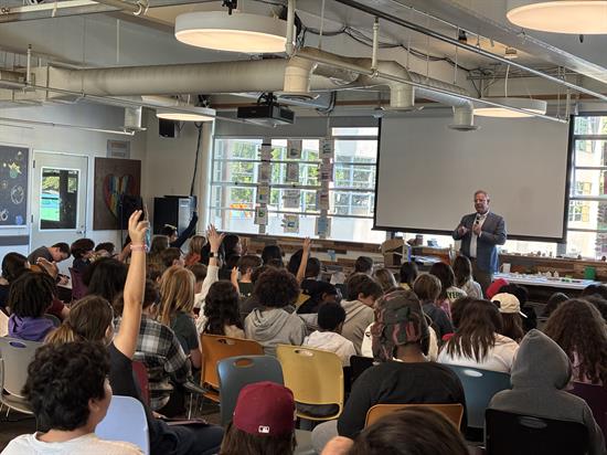 Rep. Peters speaks with middle schoolers at High Tech High Media Arts
