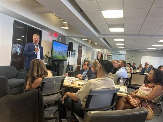 Rep. Peters speaks to a crowd about the San Diego Economic Development Corporation's Inclusive Growth agenda