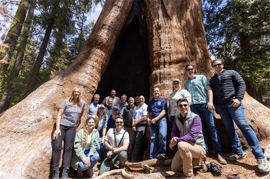 Rep. Peters and a group of people in front of a sequoia tree