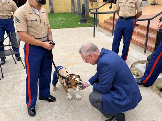 Rep. Peters greets the Marine Corps Recruit Depot bulldog mascot