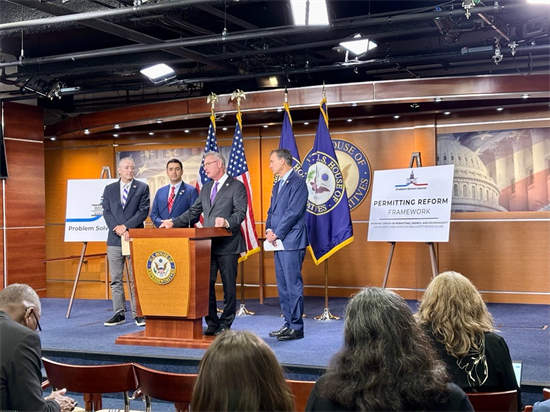 Rep. Peters speaks at a Problem Solvers Caucus press conference regarding their permitting reform policy framework