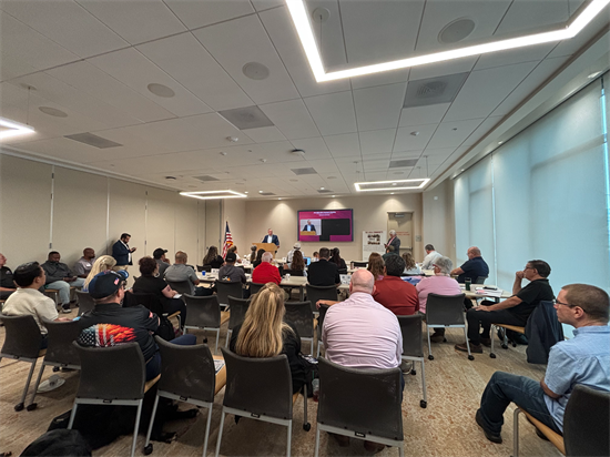 Rep. Peters speaks to a crowd at the San Diego Veterans Coalition meeting