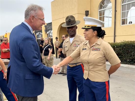 Rep. Peters greets Marines at a Marine Corps Recruit Depot graduation