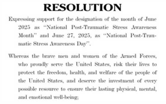 Screenshot of Rep. Peters' resolution recognizing June as Post Traumatic Stress Awareness Month