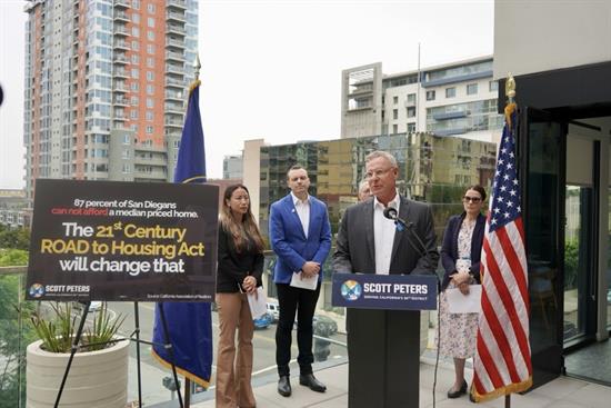 Rep. Peters and local housing advocates and experts speak at a press conference